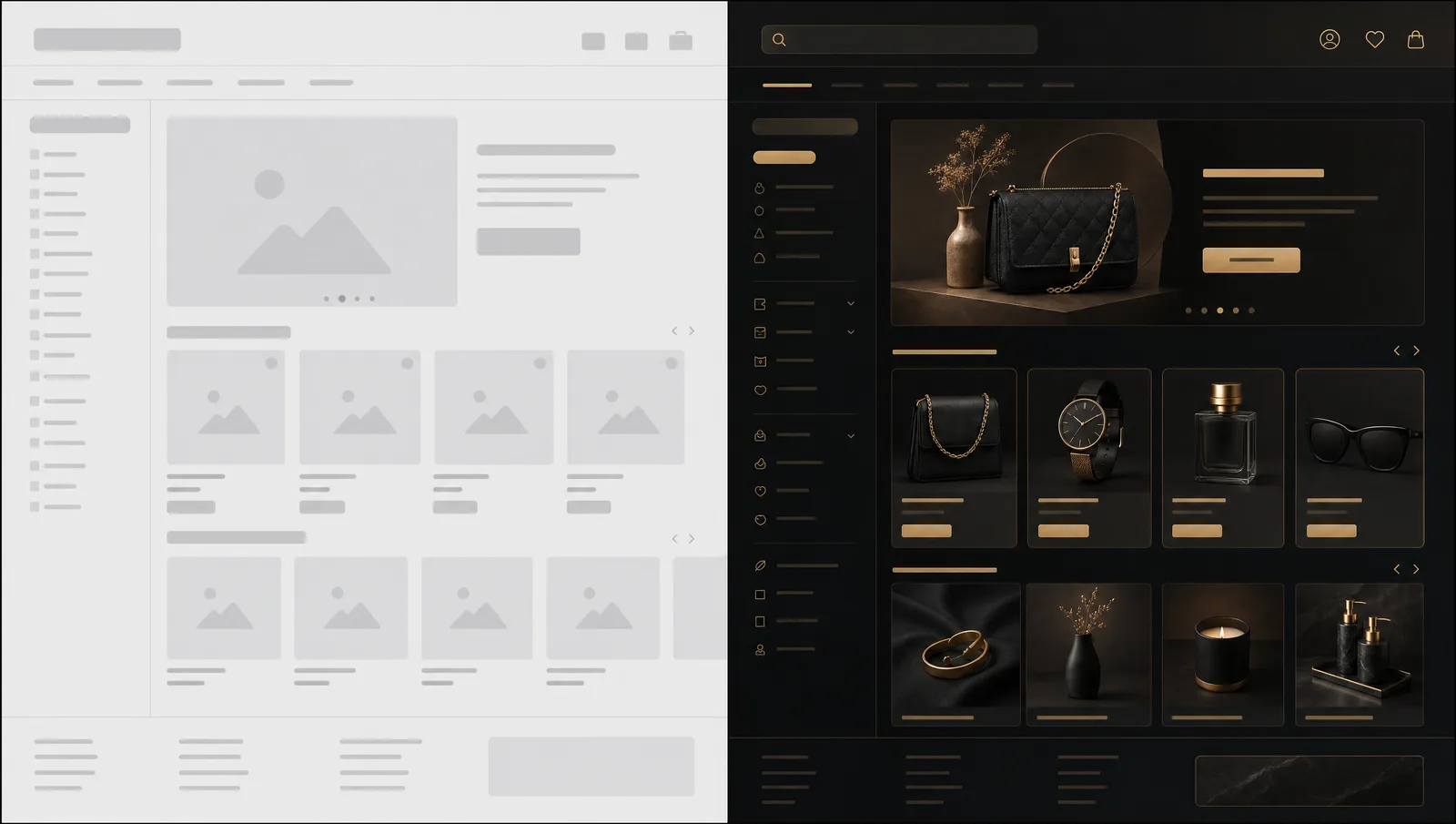 Vorher und nachher: die alte graue Startseite links, der dunkle goldene Relaunch rechts