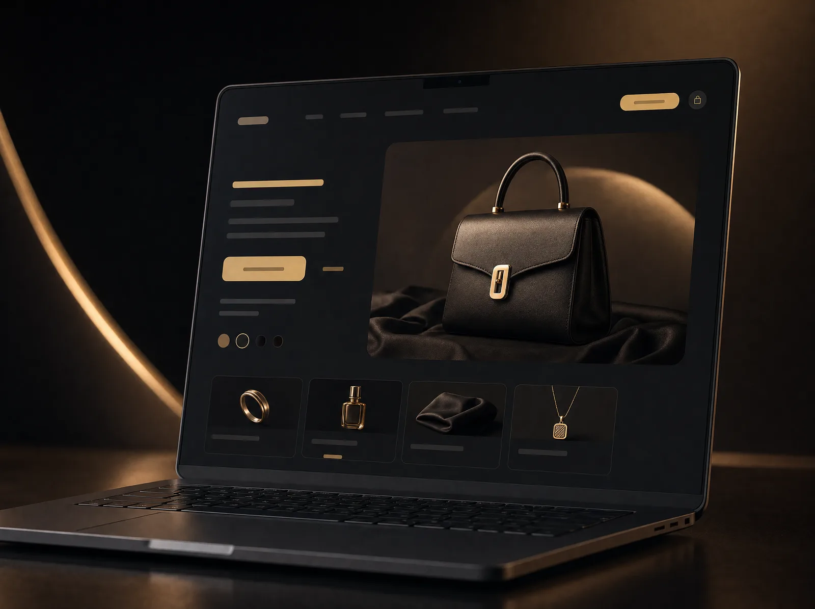 Dunkle Premium-E-Commerce-Webseite mit goldenen Akzenten auf einem Laptop