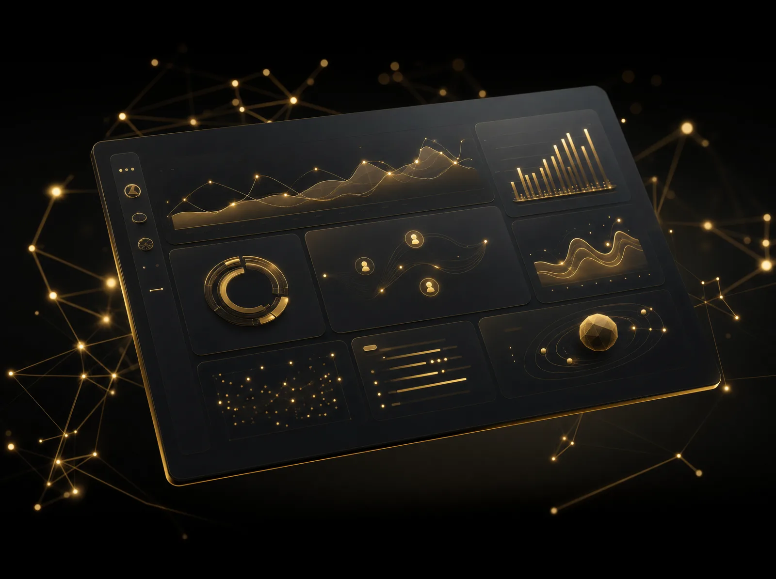 Dunkles CRM-Datenpanel mit abstrakten goldenen Linien
